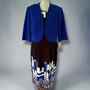 Womens NEW Maya Brooke Black Blue Blazer Jacket Sheath Dress Set Size 16 Stretch